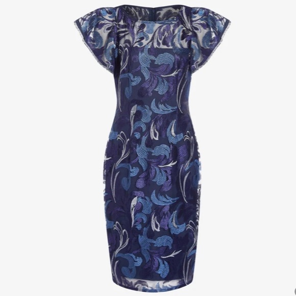 Adrianna Papell EMBROIDERED FLUTTER SLEEVE MIDI SHEATH DRESS IN NAVY MULTI - Picture 4 of 6